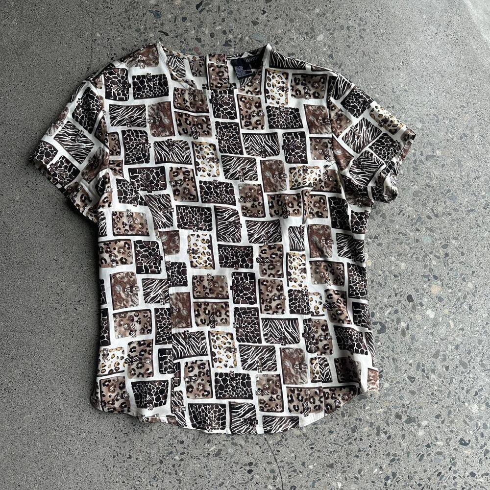Ishyu Women’s 4 Silk Animal Print Blouse Neutral Brown Patchwork Short Sleeve